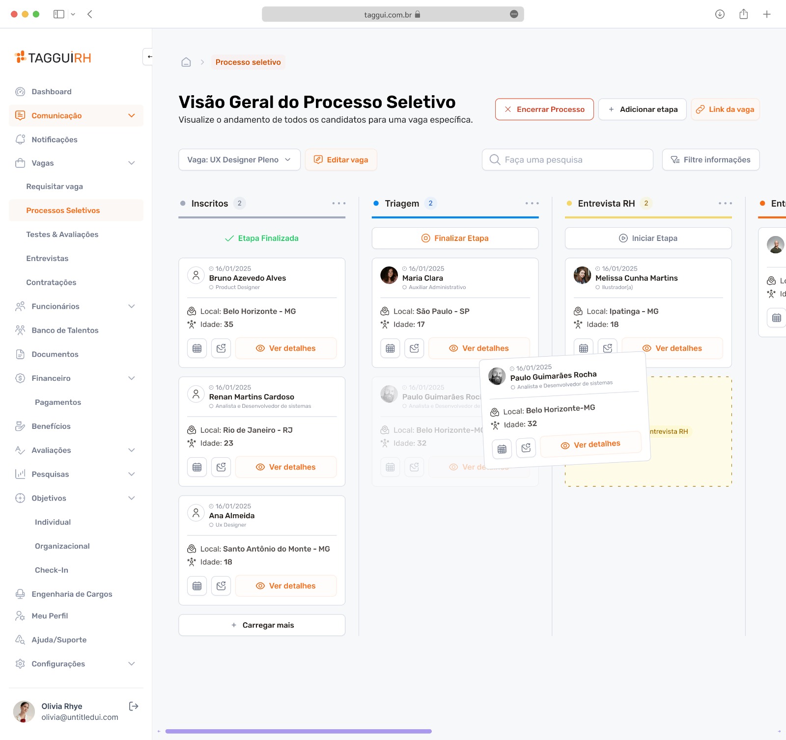 Dashboard da Taggui RH - Interface de gestão de vagas